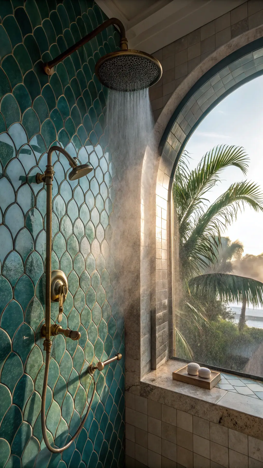 Sunlit bathroom with fish-scale tiles and brass rainfall shower