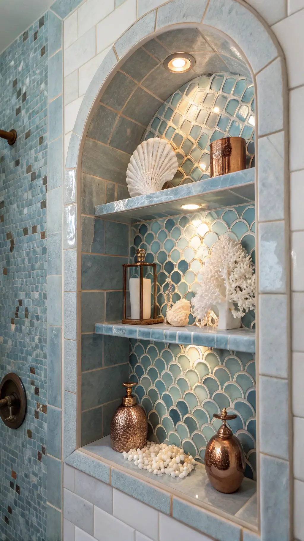 Shower niche with mother-of-pearl tiles and copper fixtures