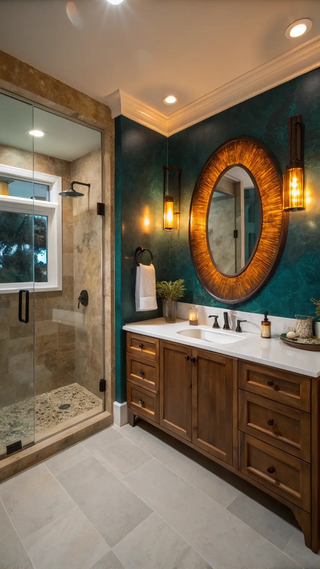 Spacious master bath with onyx shower and coral mirror