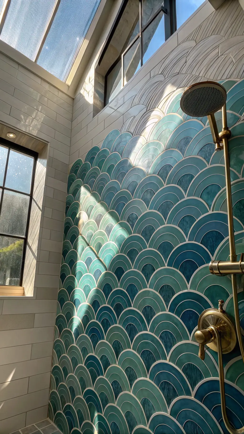 Tall shower wall with blue and green wave patterns and brass accents