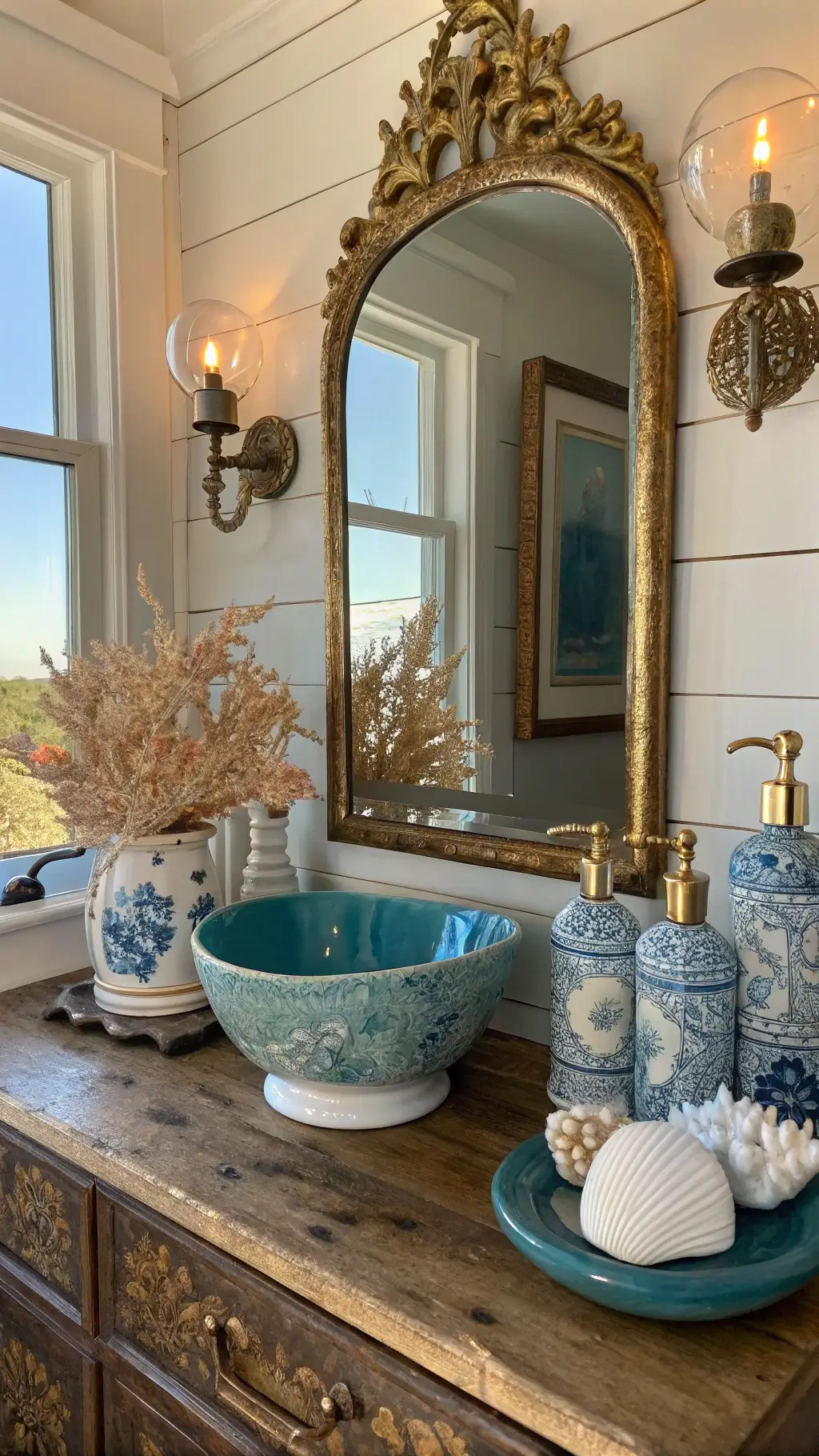 Vintage brass mirror and coastal decor on vanity