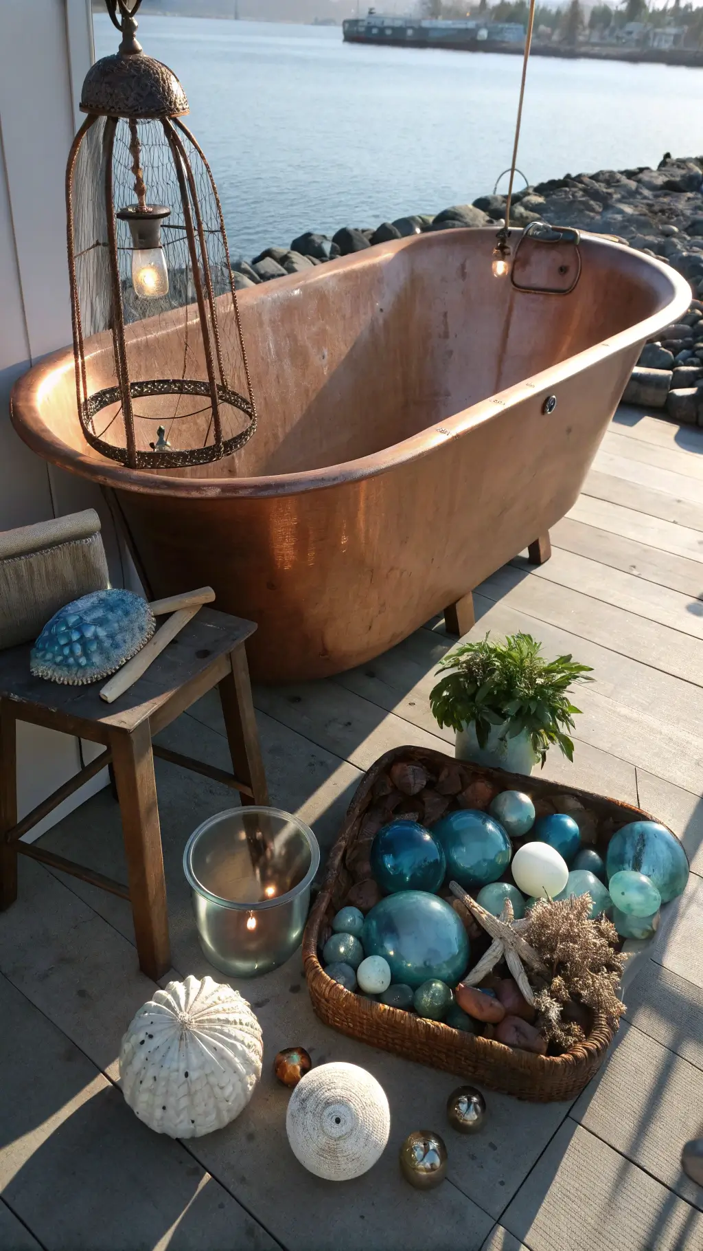 Copper soaking tub with vintage glass floats and pendant lighting