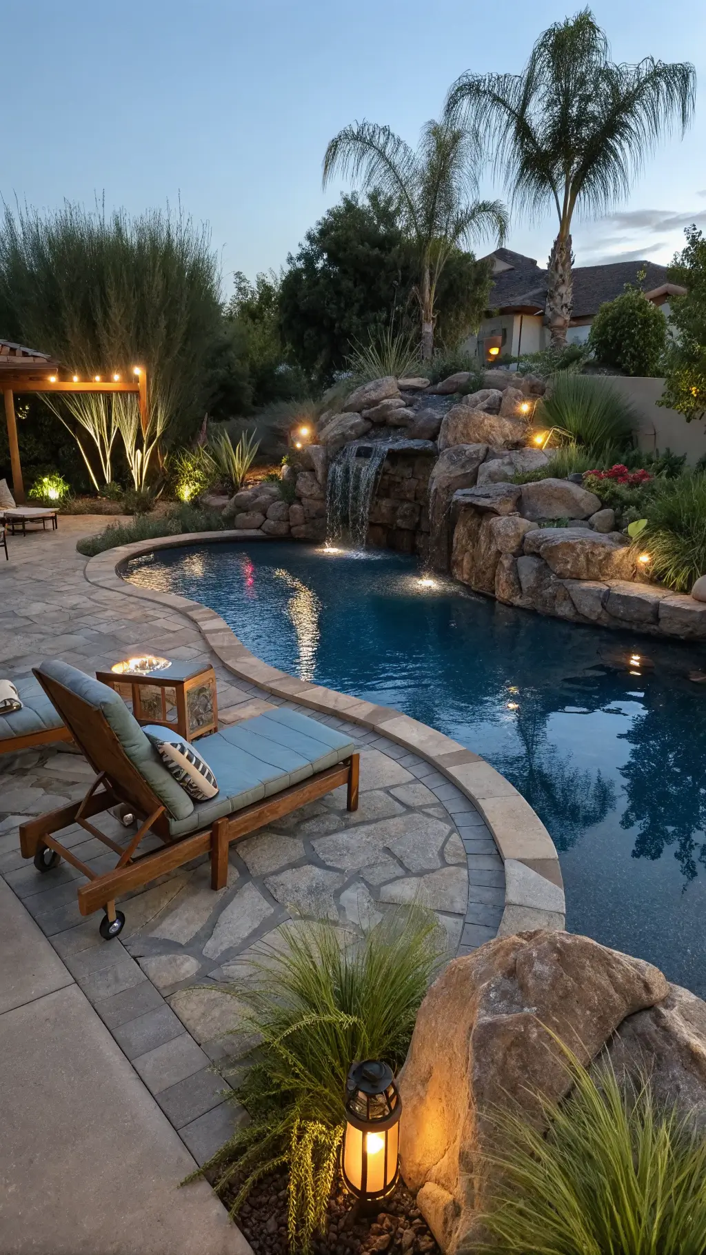 Dusk scene of a freeform pool with stacked stone waterfall, dark pebble finish, surrounded by tropical plants, teak lounges with sage cushions, and copper lanterns for ambient lighting