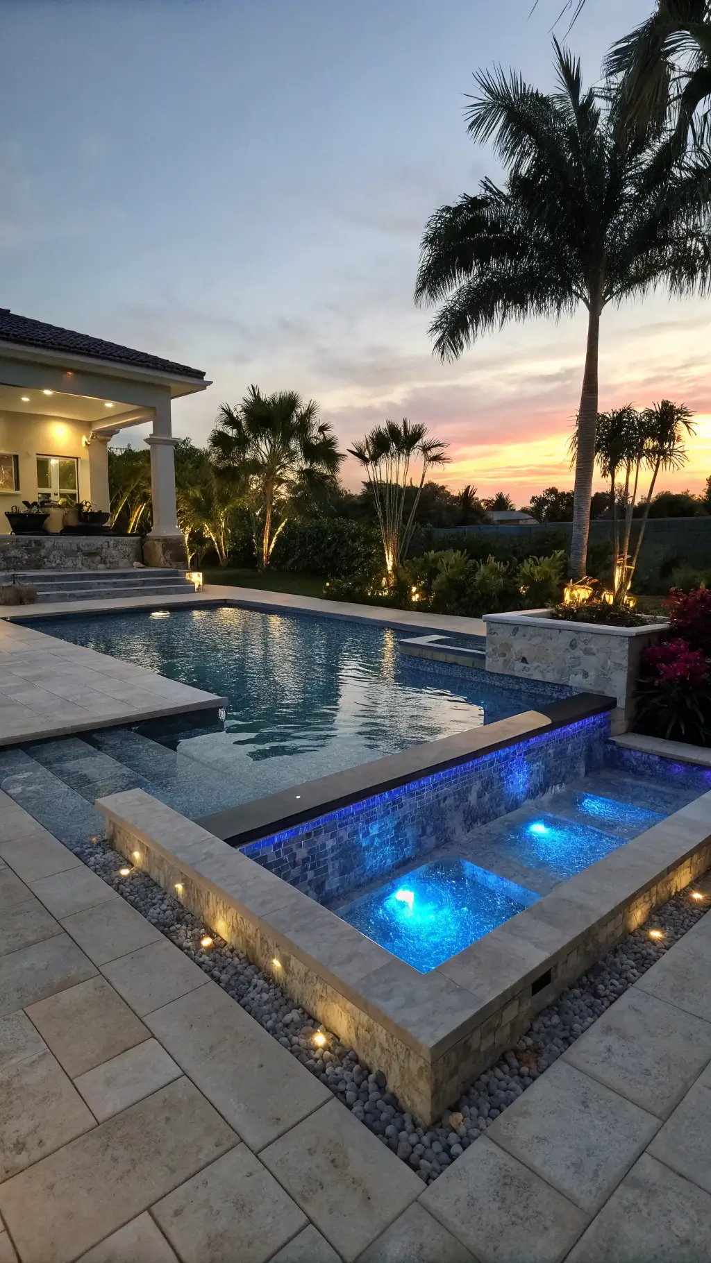 Intimate pool with integrated spa during golden hour, featuring blue glass tile mosaic, LED underwater lighting, textured gray porcelain decking, and tropical privacy plants