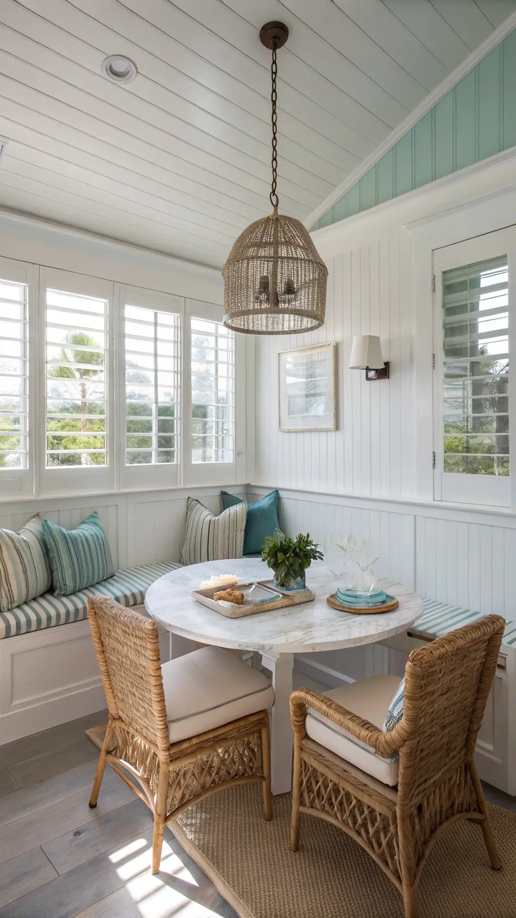Cozy beach cottage kitchen nook with built-in window seating