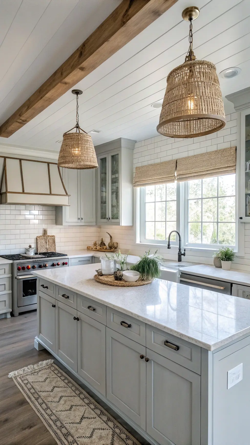 Coastal farmhouse kitchen with quartz countertops and vintage decor