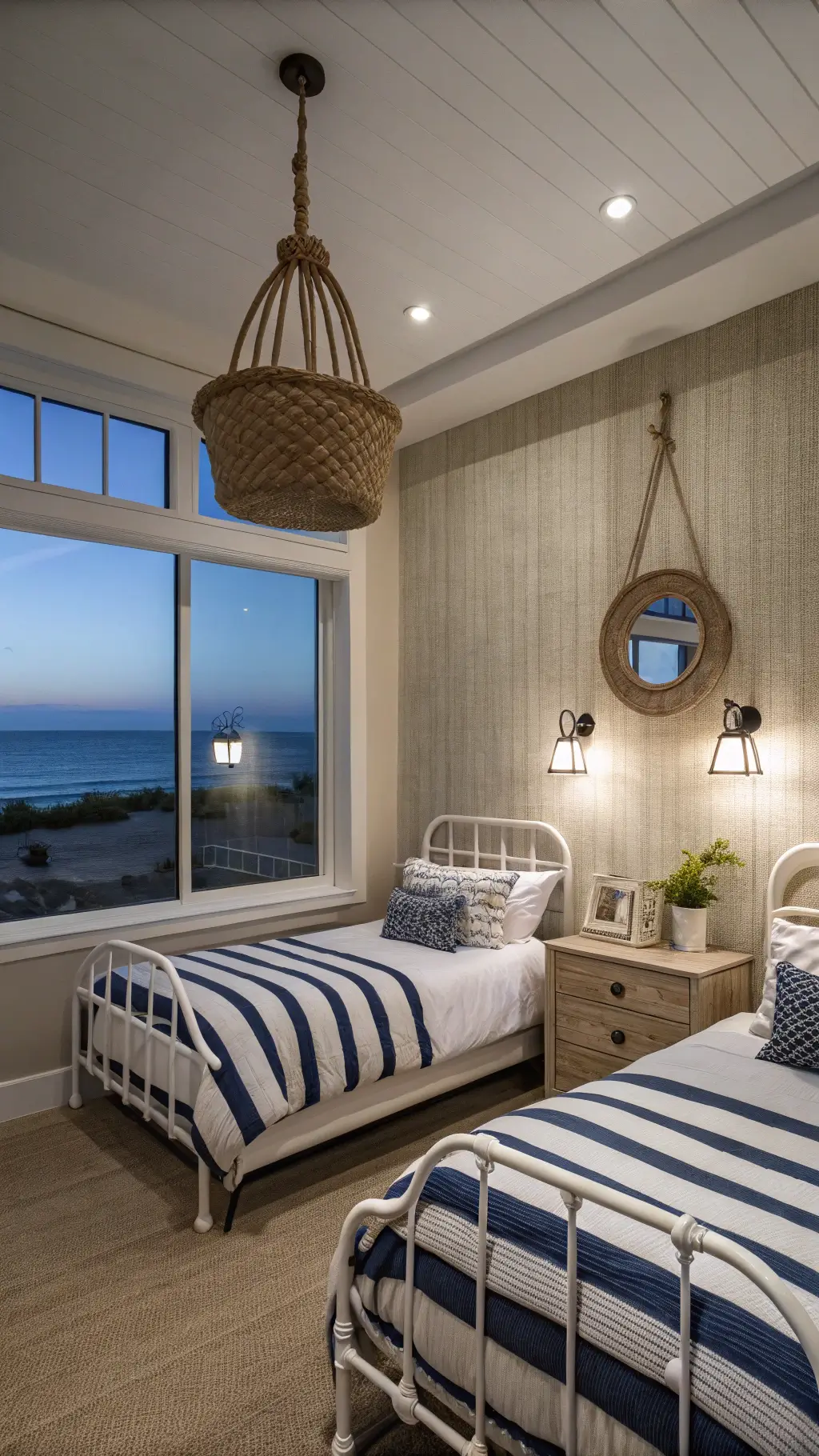 Beachside bedroom with panoramic window and coastal decor