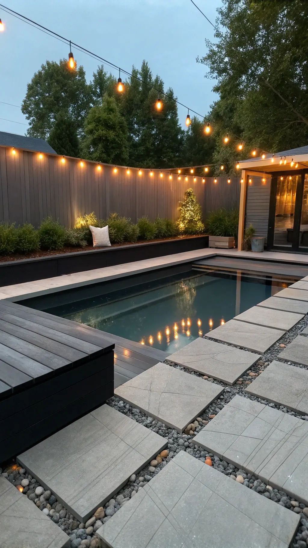 Dusk view of modern stock tank pool with L-shaped composite decking bench and LED underlighting, overhead string lights reflecting in still water, minimalist concrete pavers and black river rocks.