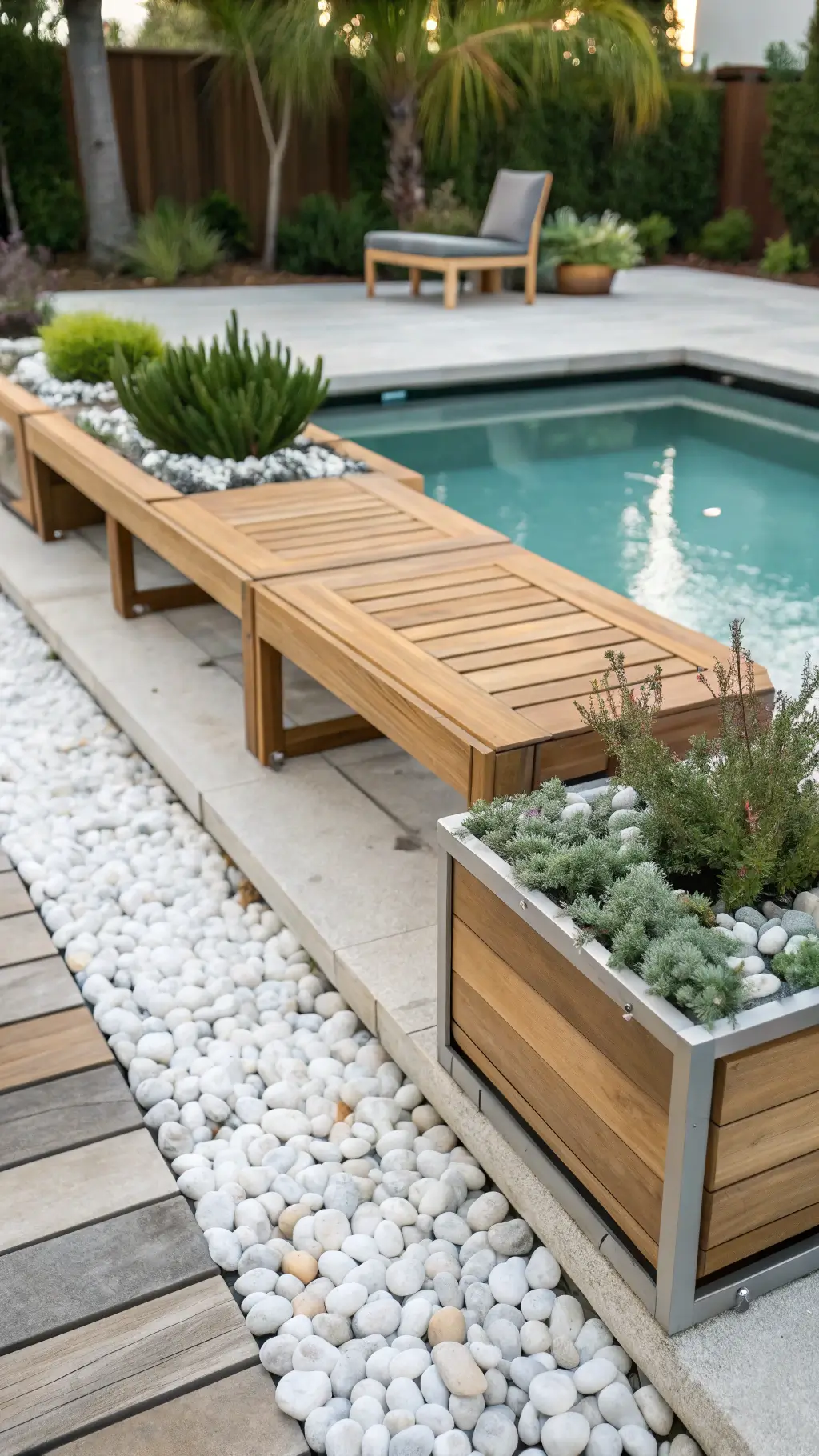 Modular teak pool bench with removable sections surrounded by Mediterranean herbs and zinc planters.