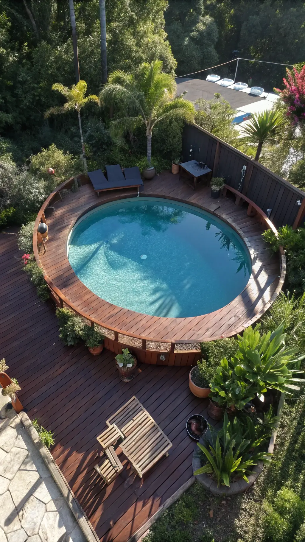 Drone view of backyard oasis with stock tank pool surrounded by redwood bench, built-in storage, marine-grade brass hardware, and terra cotta potted tropical plants.