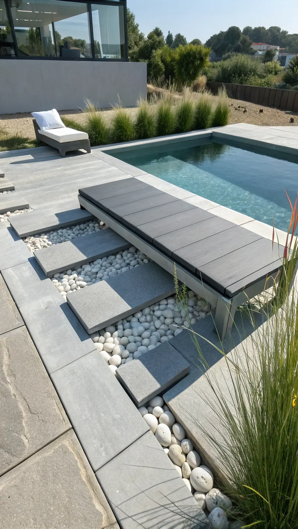 Slate gray floating bench above white pebbles near contemporary pool with geometric pavers and architectural grasses.