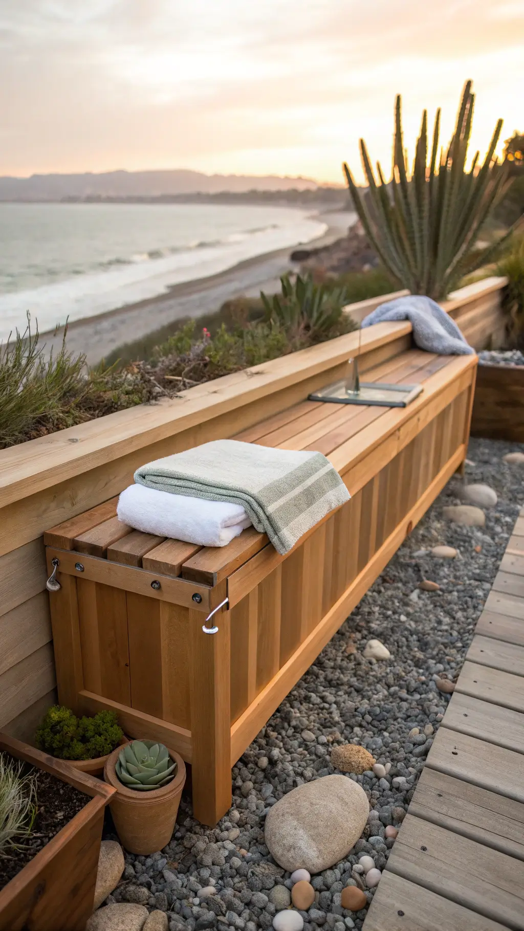 Western red cedar bench with towel hooks and built-in ice chest, showcasing natural wood grain and mortise-and-tenon joinery.