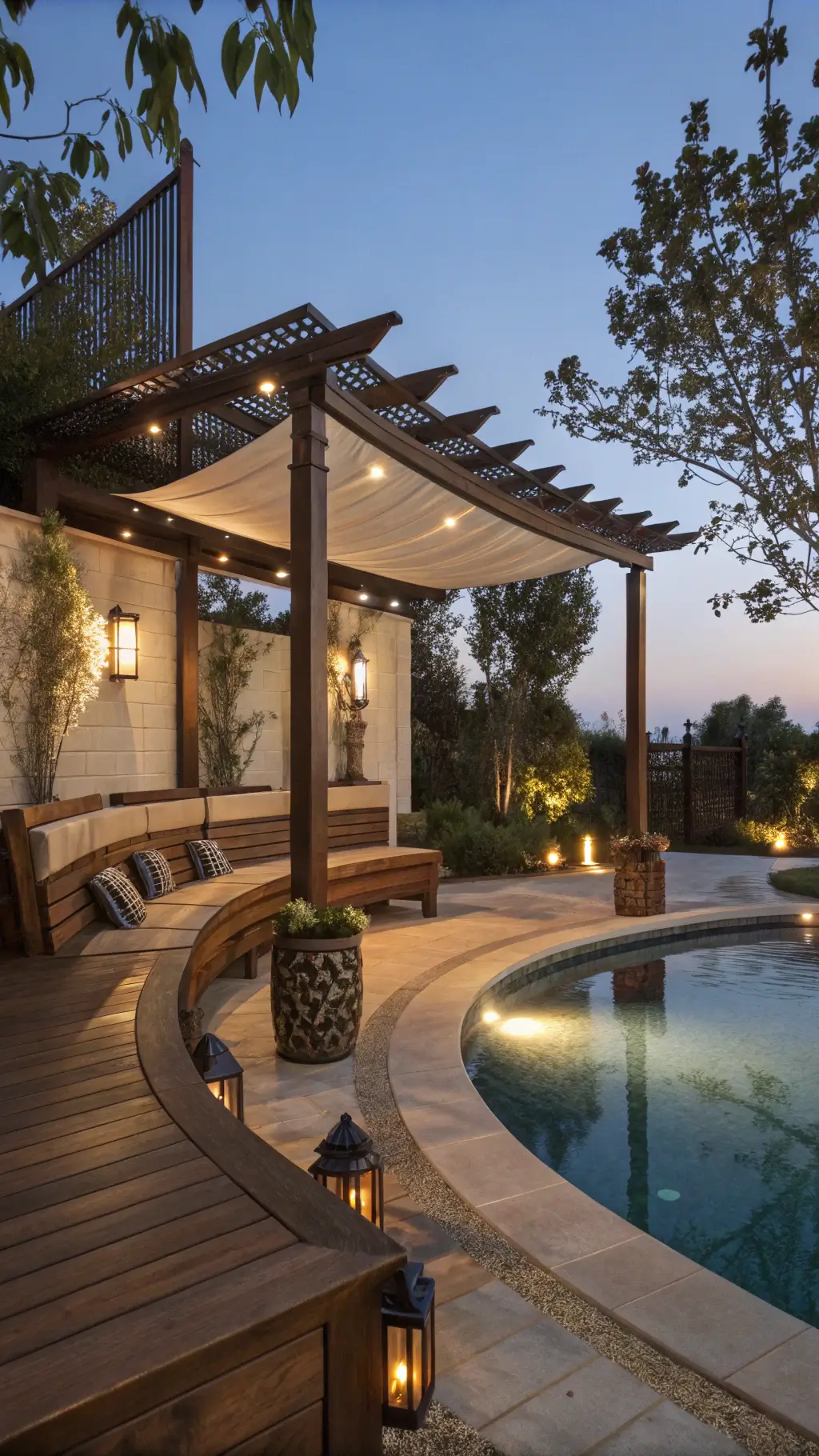 Curved Ipe wood bench with stainless steel accents by pool, featuring pergola with retractable shade and Moroccan lanterns.