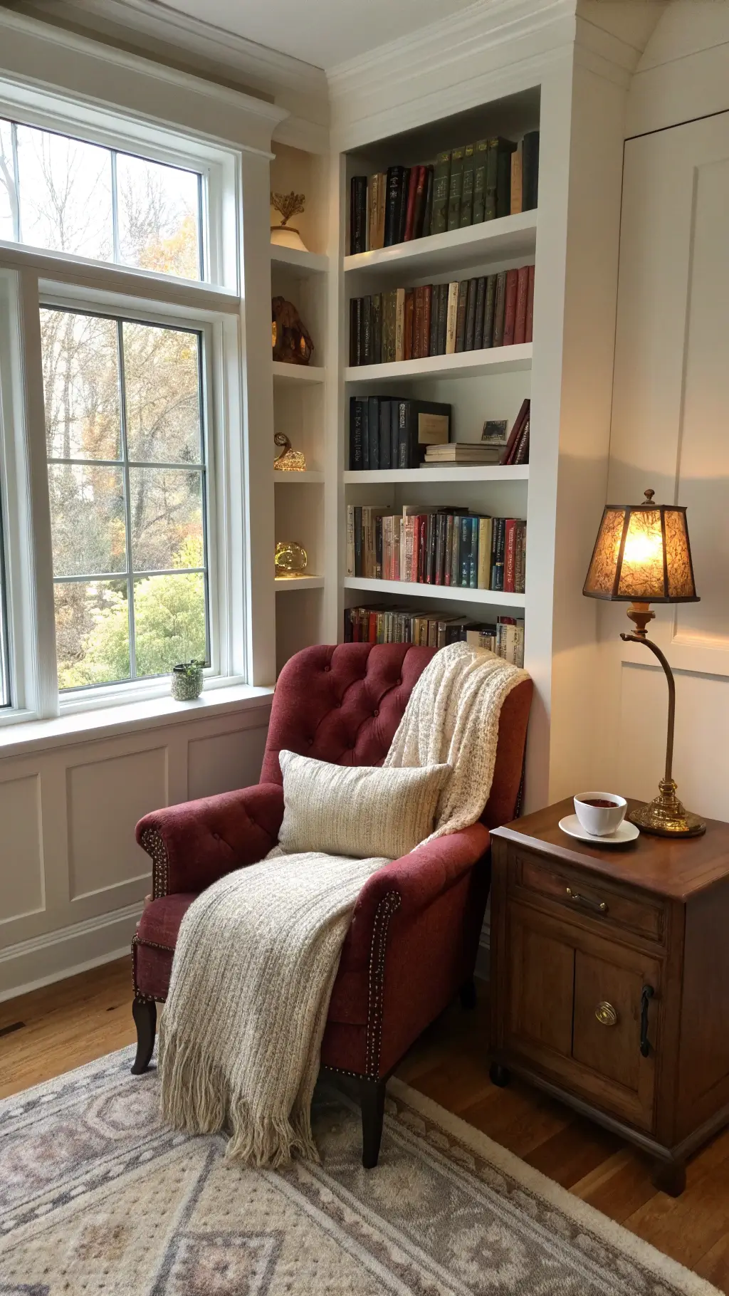 Sun-drenched reading nook with vintage books and cozy furnishings