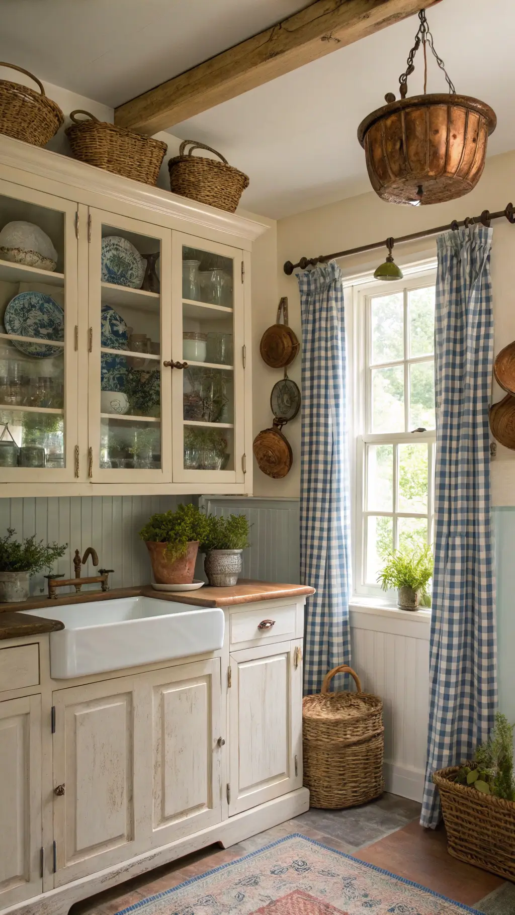 Warmly lit cottagecore living room with soft lighting and rustic decor