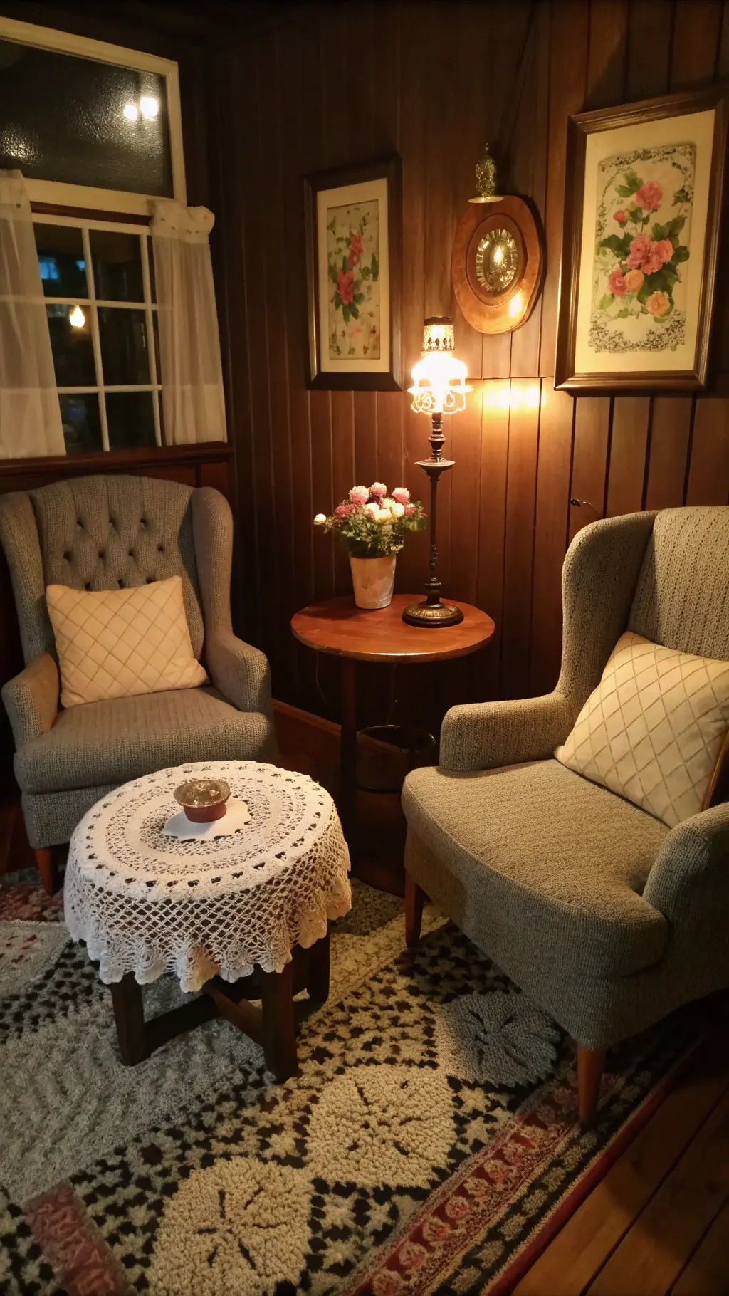Rustic kitchen corner with vintage dishes and woven baskets