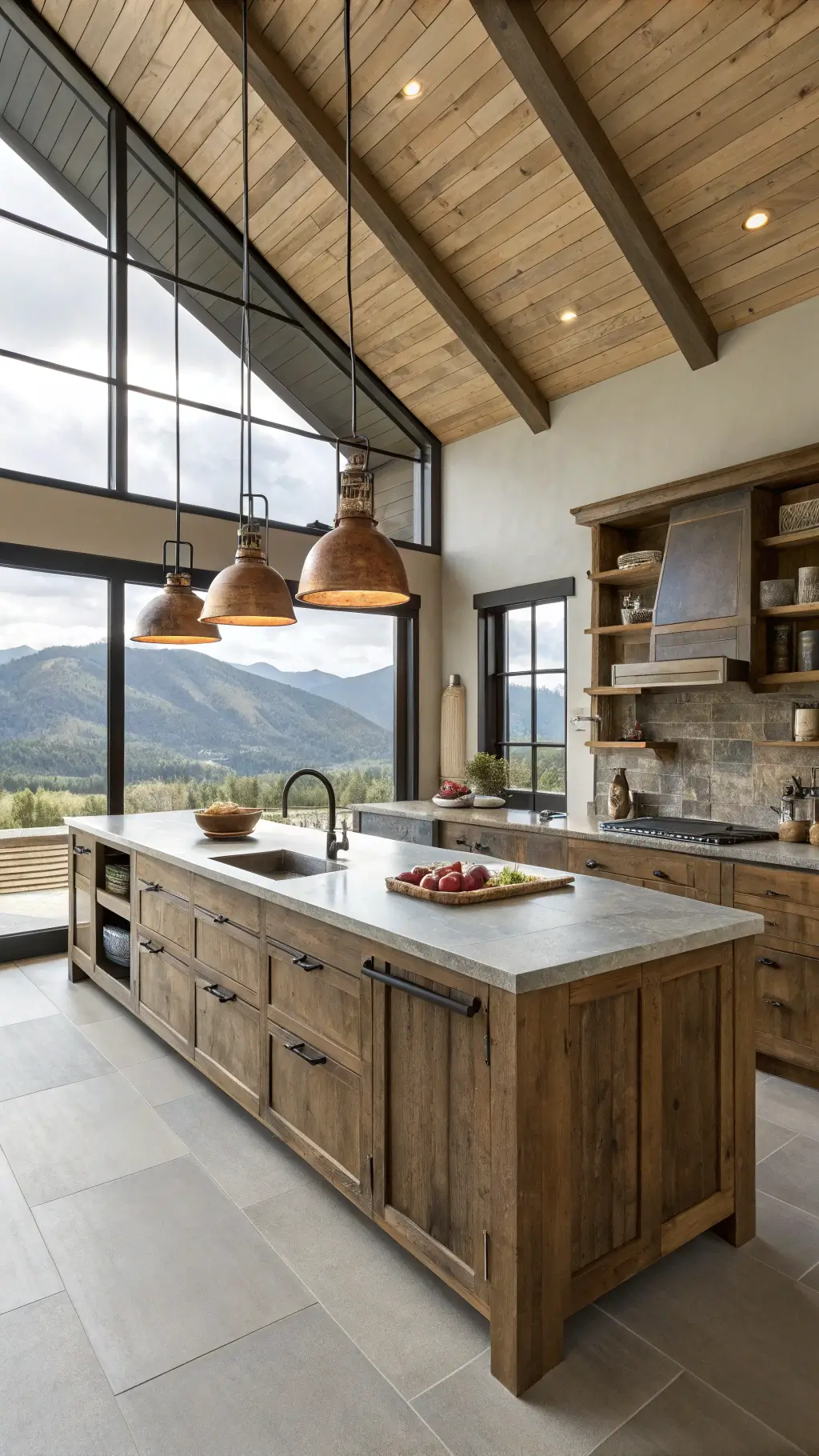 Modern rustic kitchen with reclaimed wood cabinets and live-edge walnut island