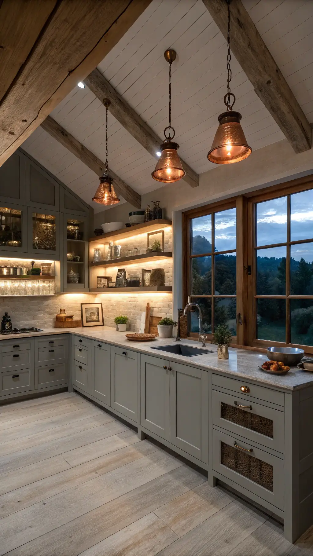 Antique white farmhouse kitchen cabinets with rustic decor