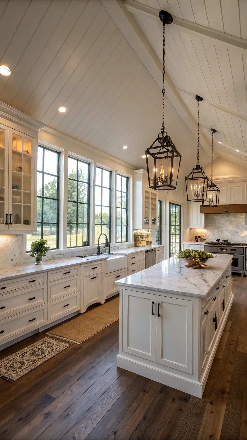 Cozy farmhouse kitchen with rustic cabinetry and warm lighting