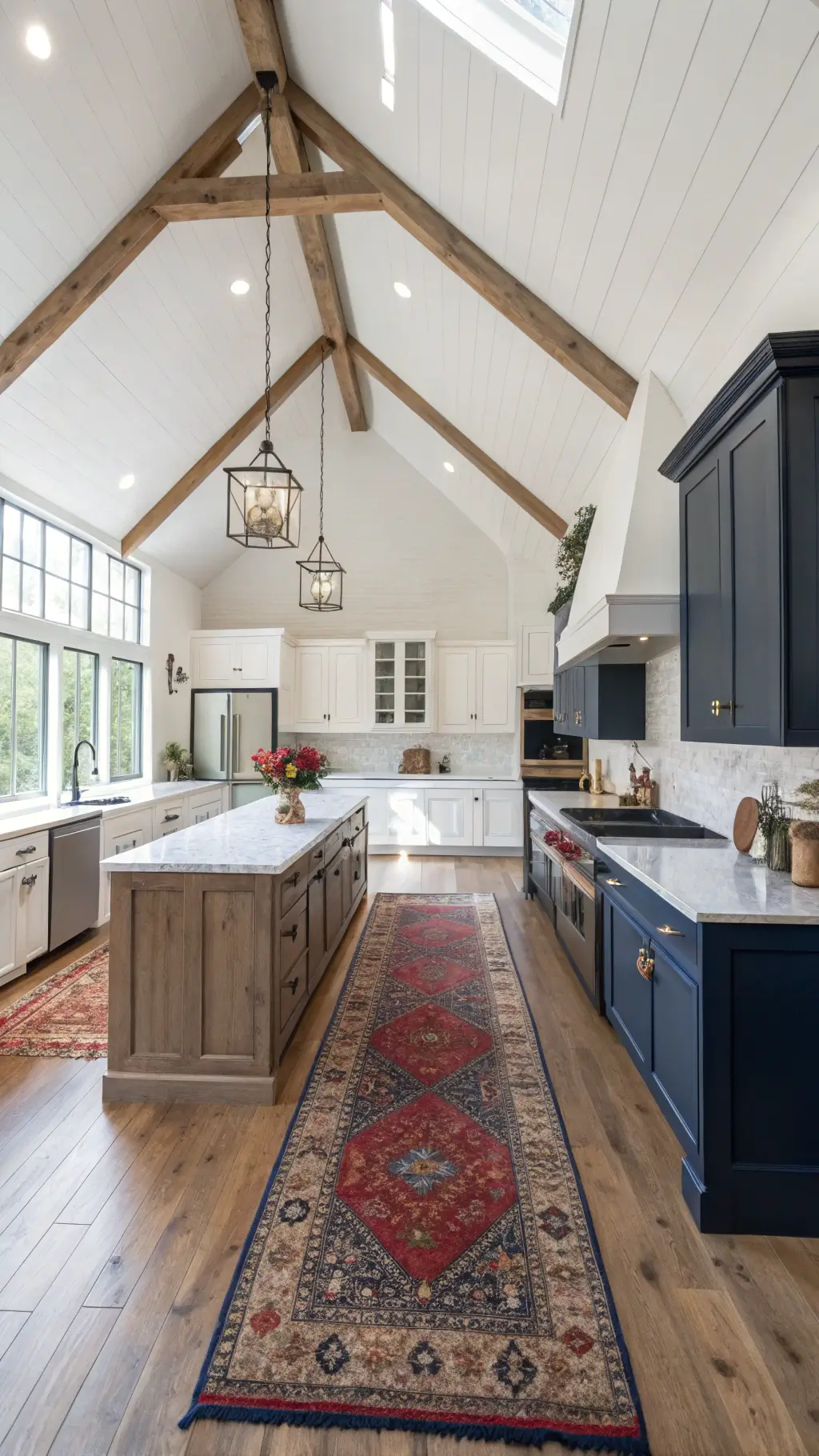 Modern farmhouse kitchen with two-tone cabinets and vintage rug