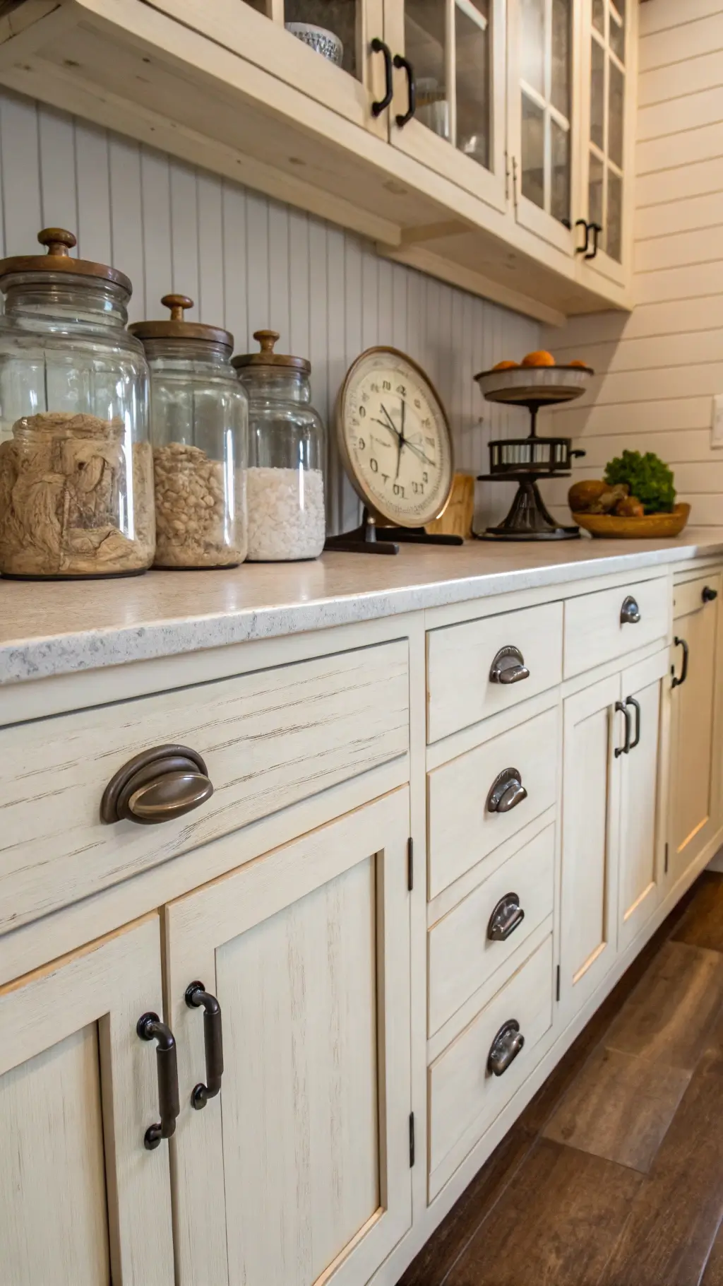 U-shaped kitchen with white distressed cabinets and open shelving