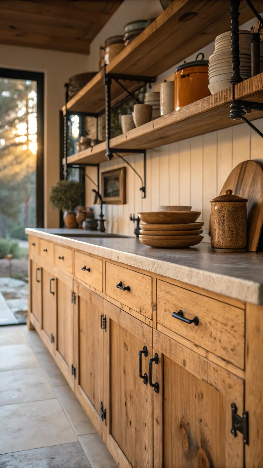 Farmhouse kitchen with rustic cabinets and functional layout