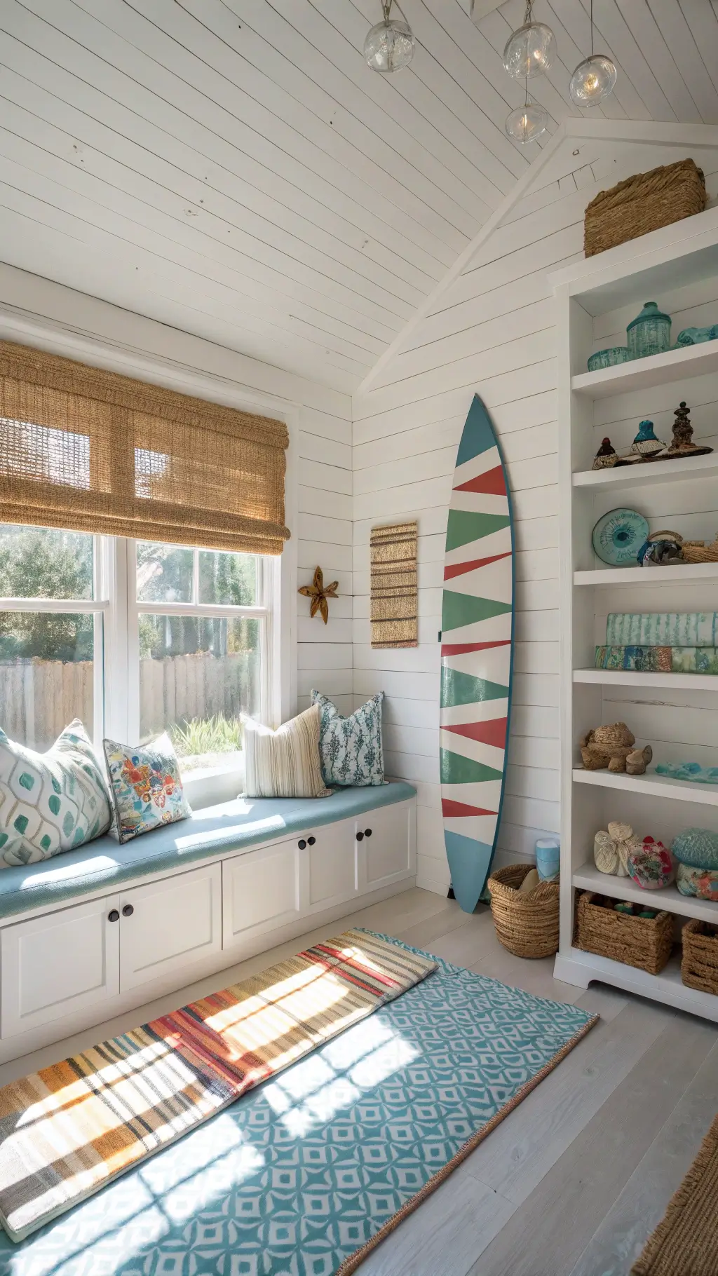 Beach-inspired playroom with surfboard-shaped floor and sea-themed collections