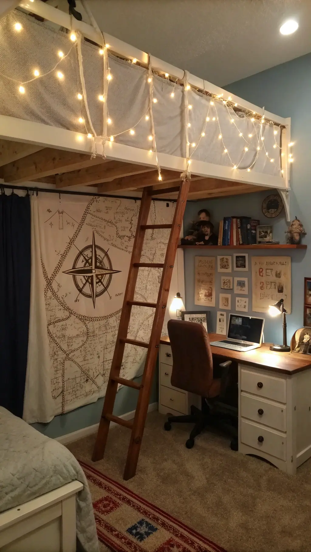 Maritime-themed bedroom with loft bed and vintage nautical maps