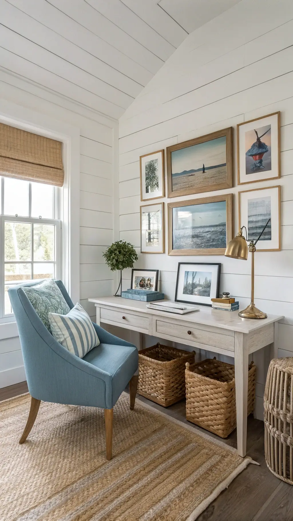 Coastal office with white shiplap and blue-gray desk