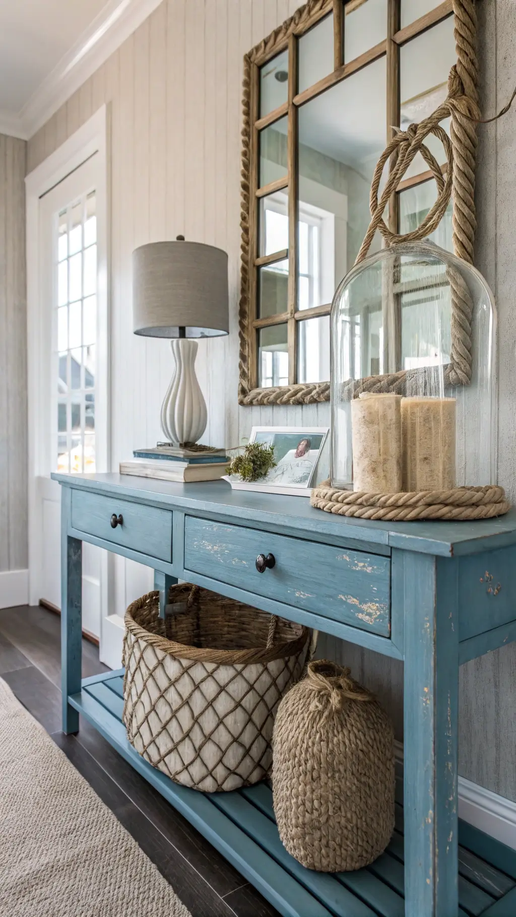Coastal entryway with blue glass and woven basket