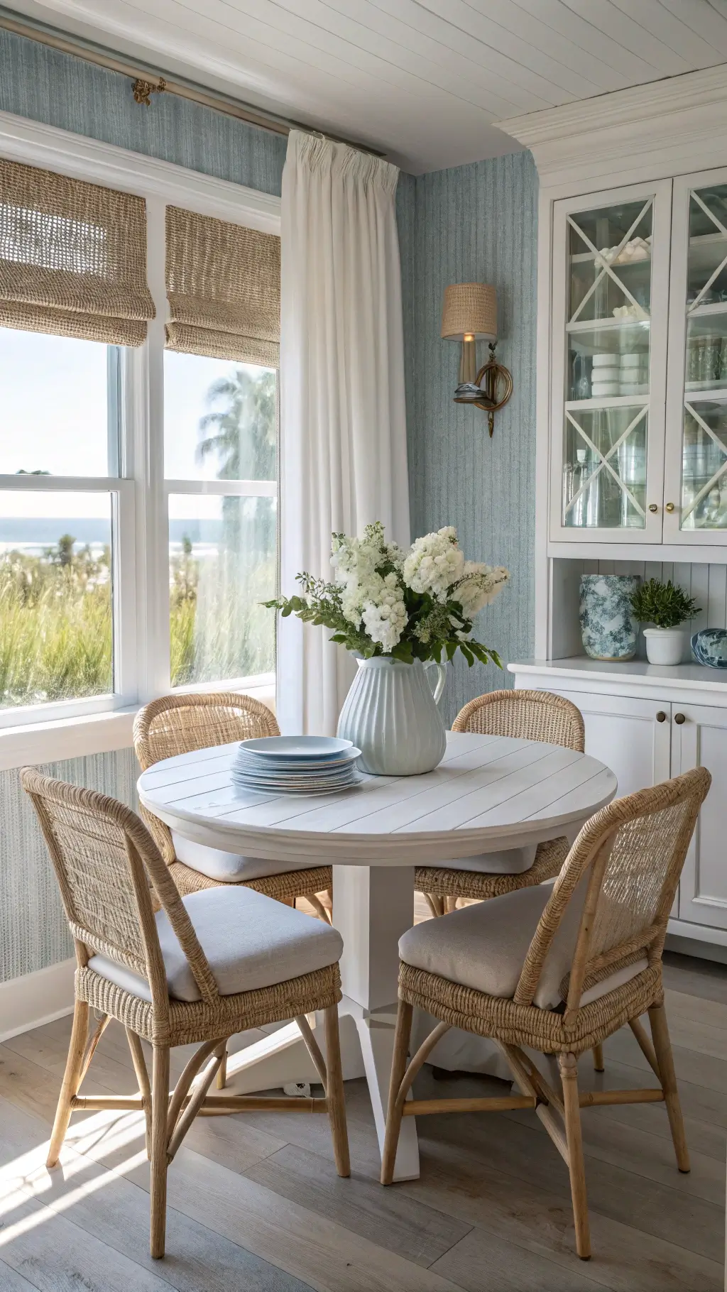 Coastal breakfast nook with whitewashed wood and seagrass