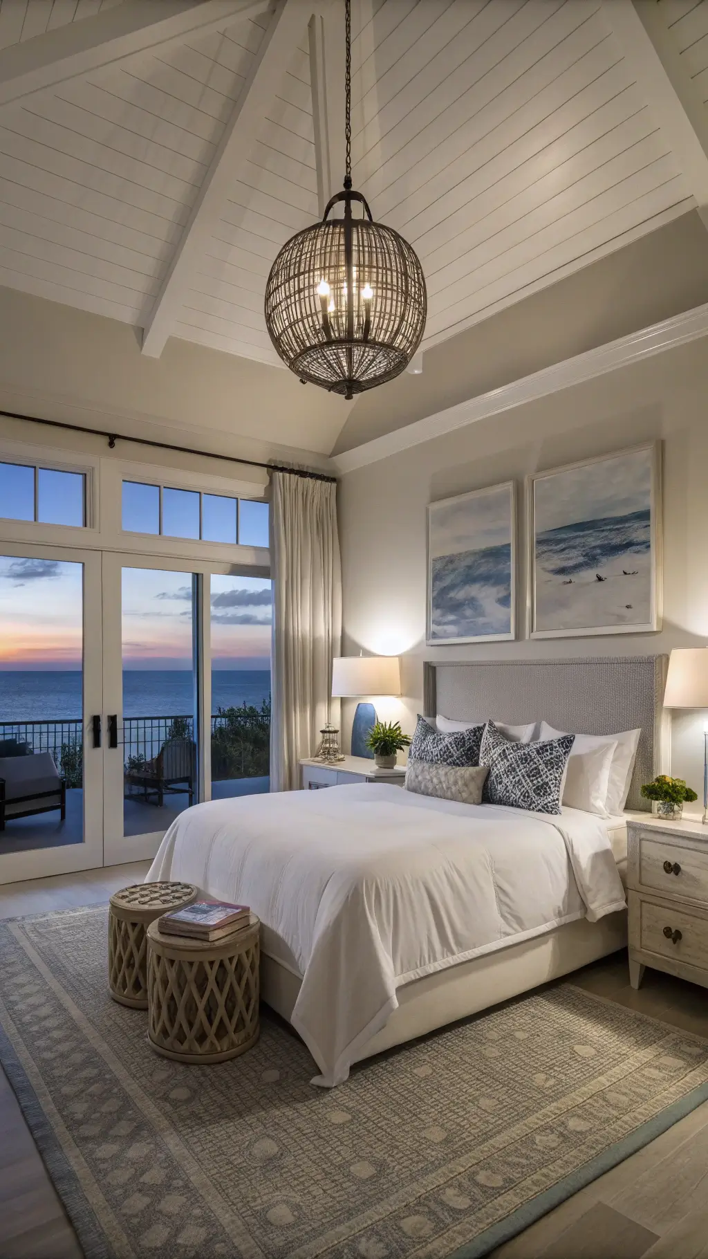 Coastal master bedroom with weathered bamboo and whitewashed nightstands