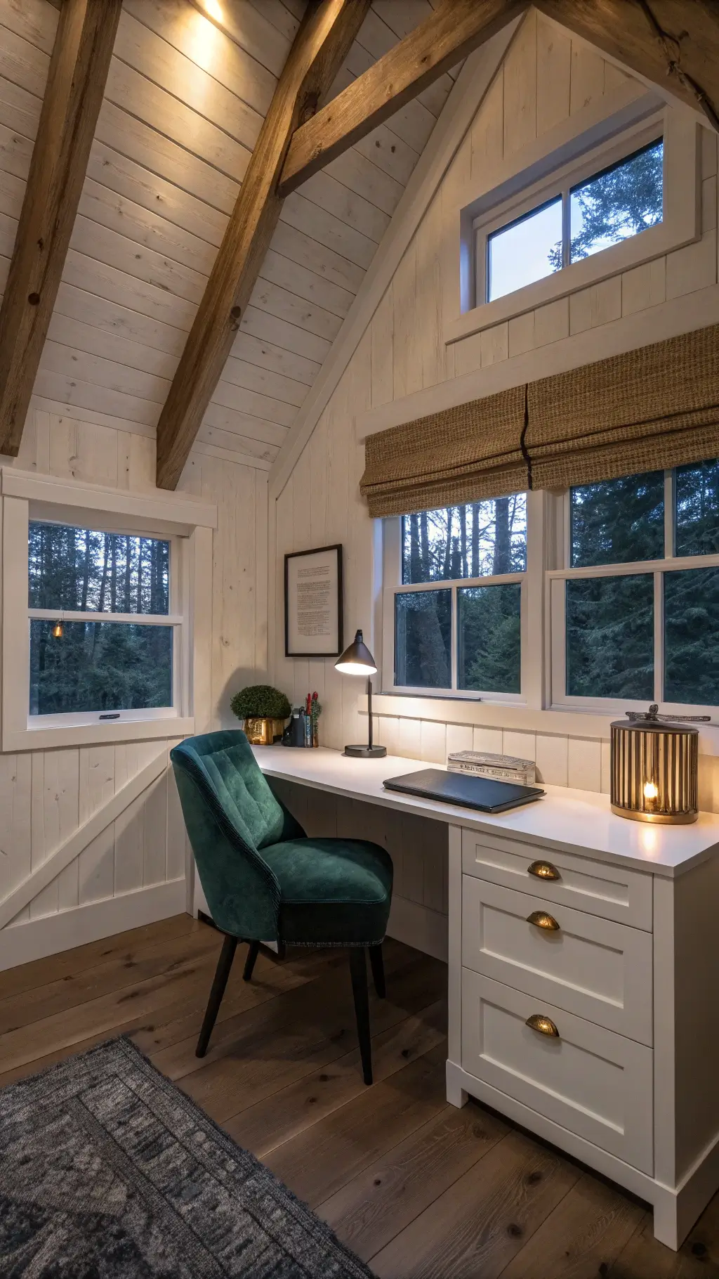 Cabin office nook with vaulted ceiling and exposed beams, whitewashed oak L-shaped standing desk beneath windows with ivory Roman shades, minimalist black steel filing cabinet, forest green velvet chair, and brass mirror.