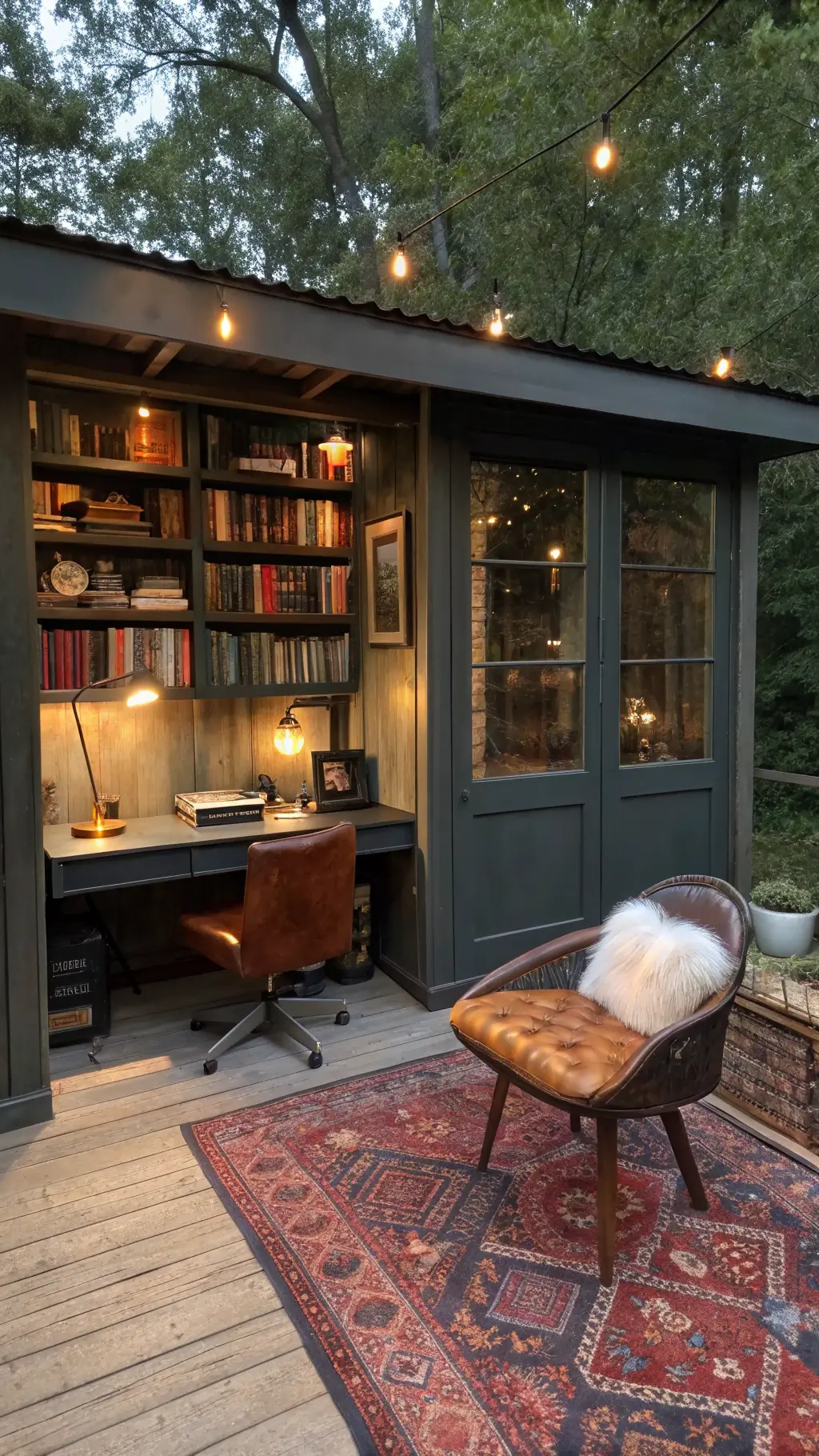 Cozy cabin office at dusk with floor-to-ceiling gray bookshelves, glass desk, vintage kilim rug, leather chair, sheepskin ottoman, and ambient lighting.