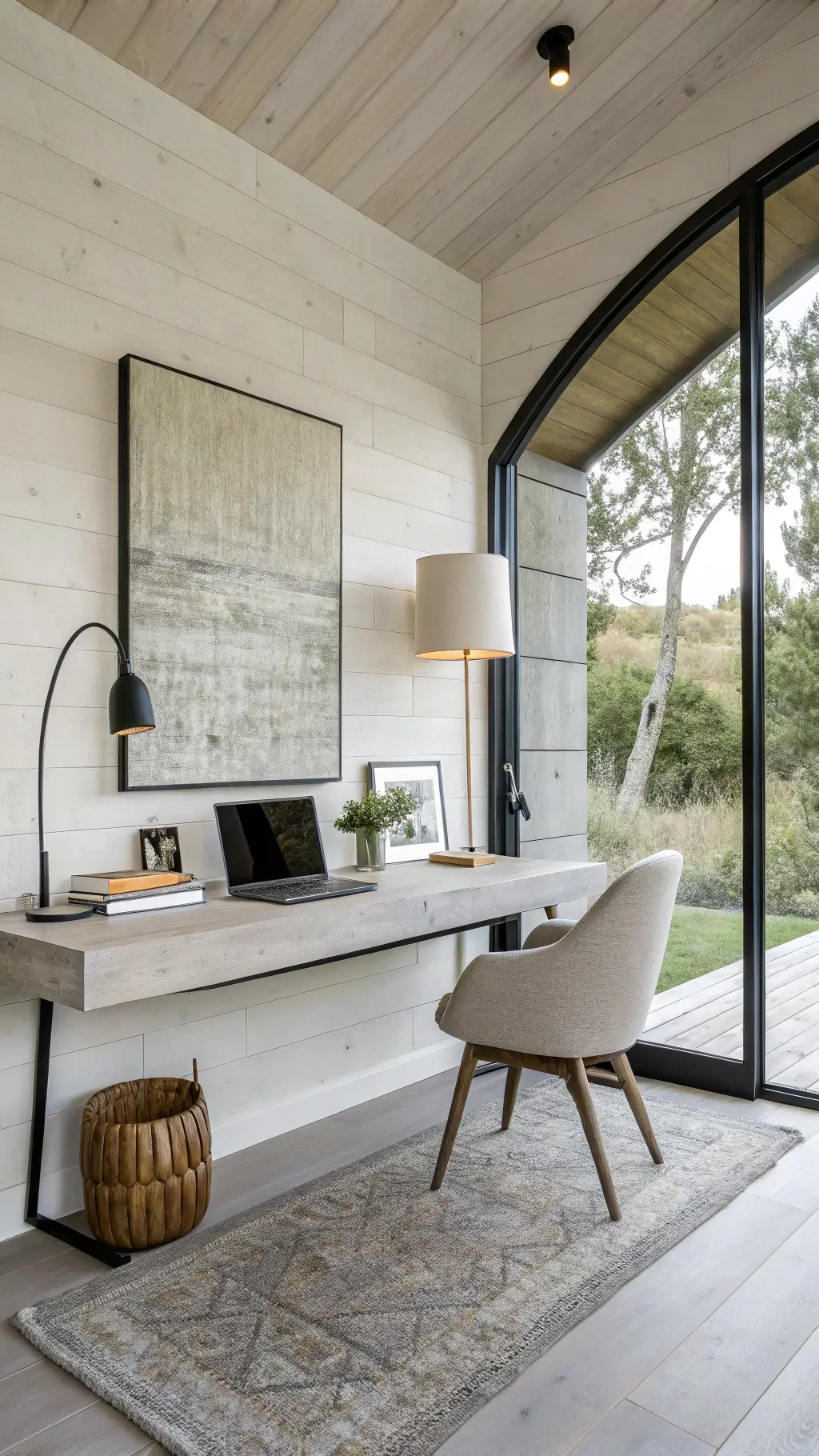 Minimalist cabin workspace with floating concrete desk, white oak wall, black steel window frames, large abstract canvas, boucle upholstered chair, slim brass floor lamp, and sisal rug in morning light.