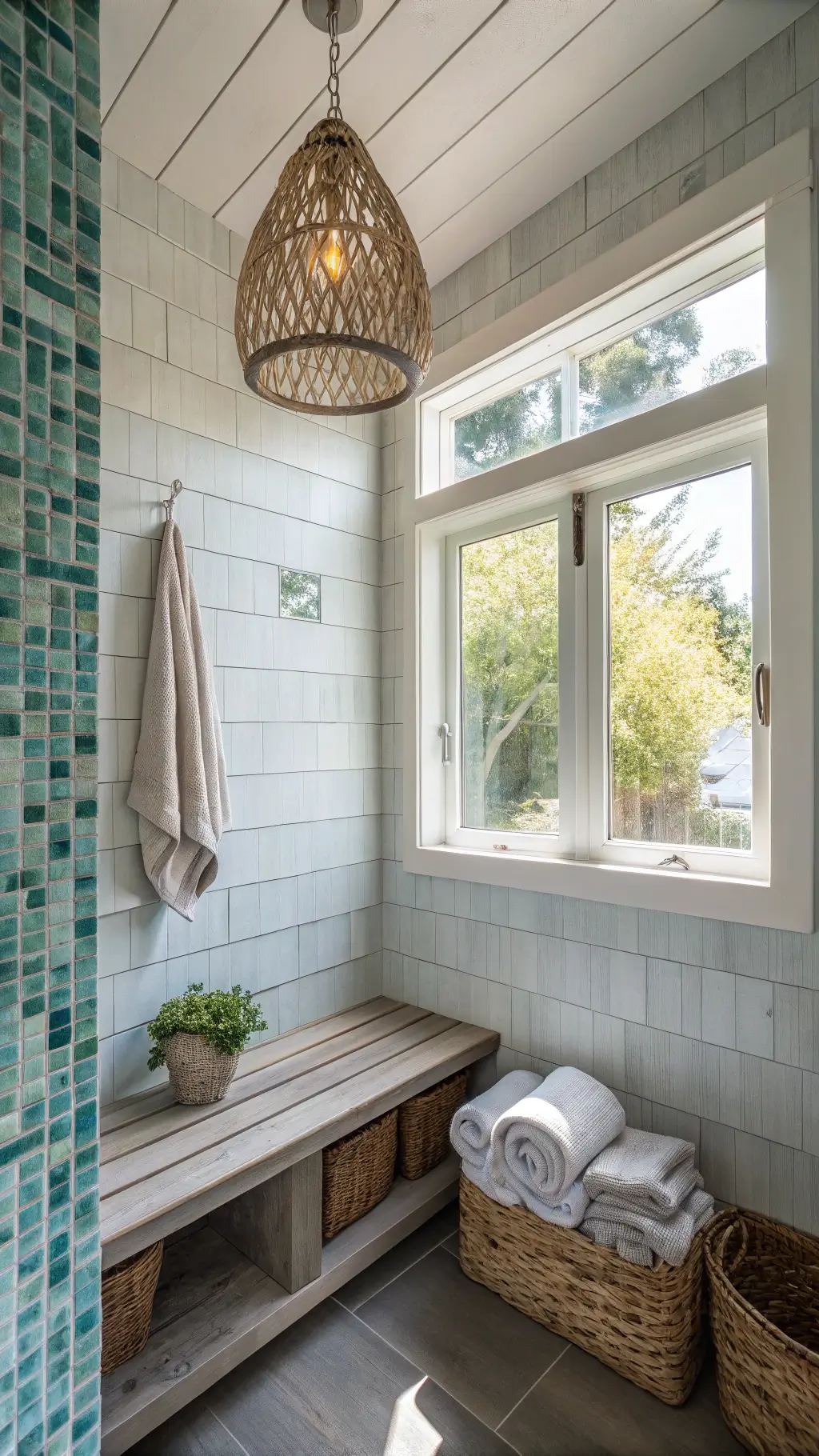 Coastal Kitchen Shower Nook with Aqua Mosaic and Rattan Lighting
