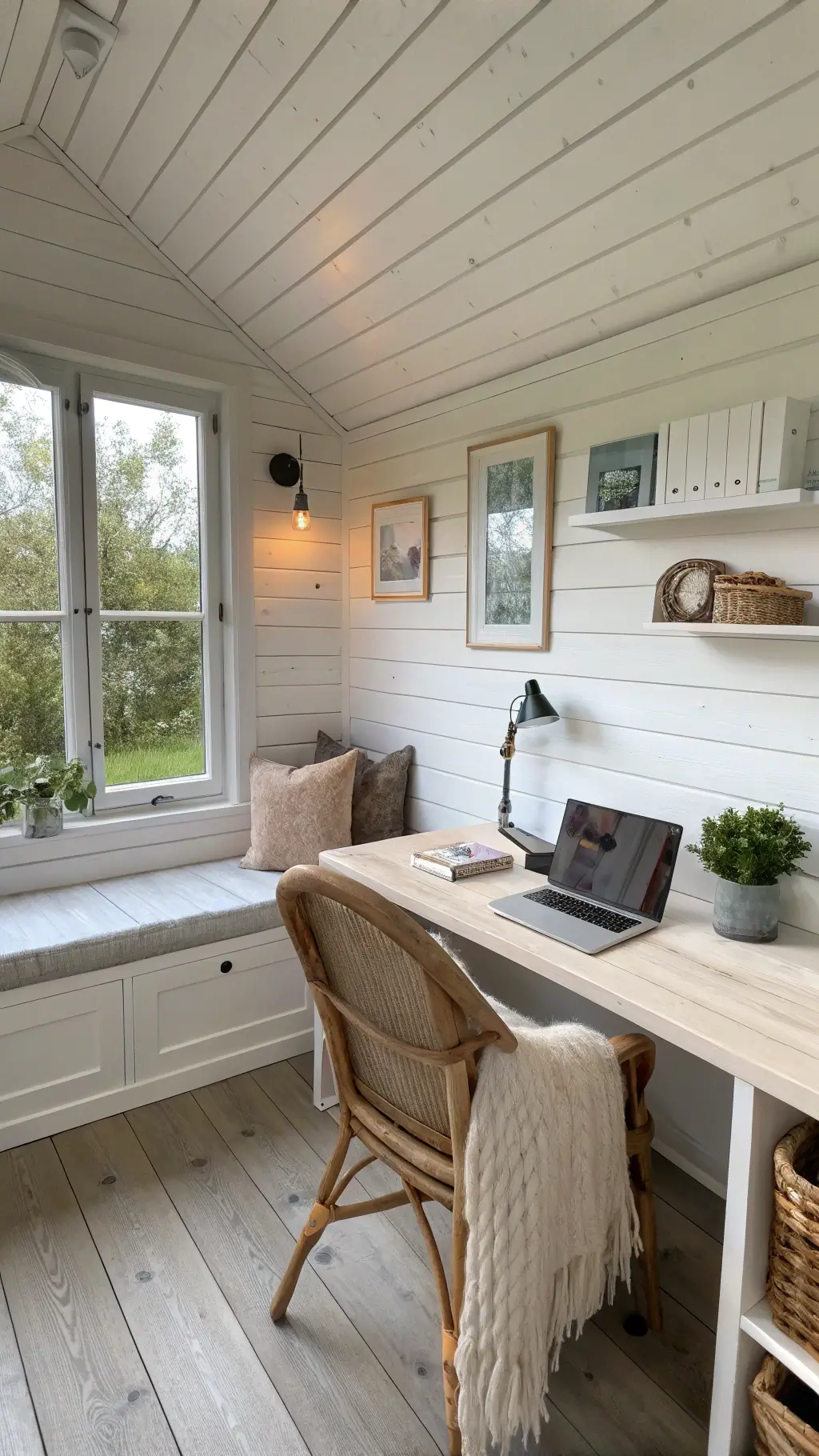 Bright Nordic-inspired cabin office with white shiplap walls, wall-mounted blonde ash desk, rattan chair with leather cushion, window seat with storage, dried botanical frames, oatmeal wool throw, and Scandinavian lighting.