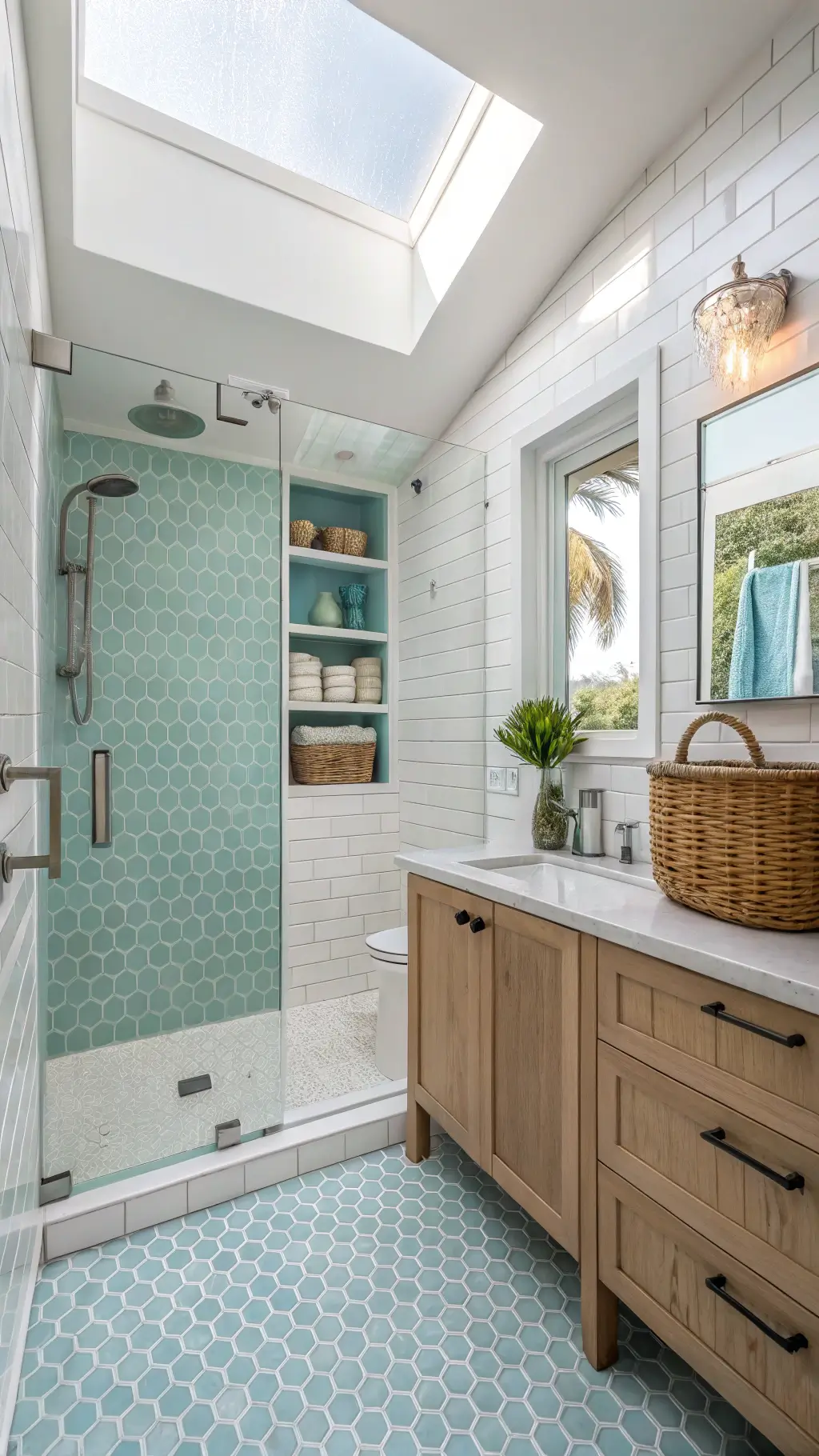 Modern Coastal Kitchen Shower with Blue-Green Wall and Driftwood Accents