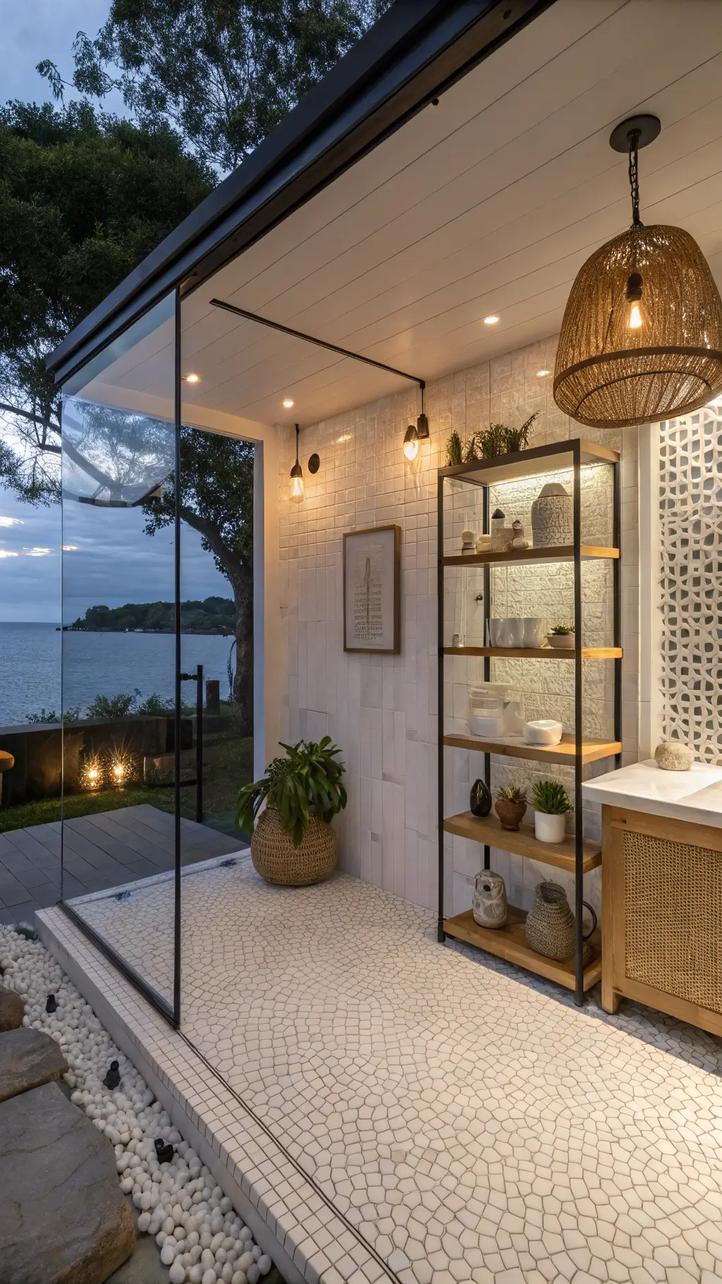 Elegant Kitchen Shower with Sea Glass Mosaic and Floating Teak Shelves