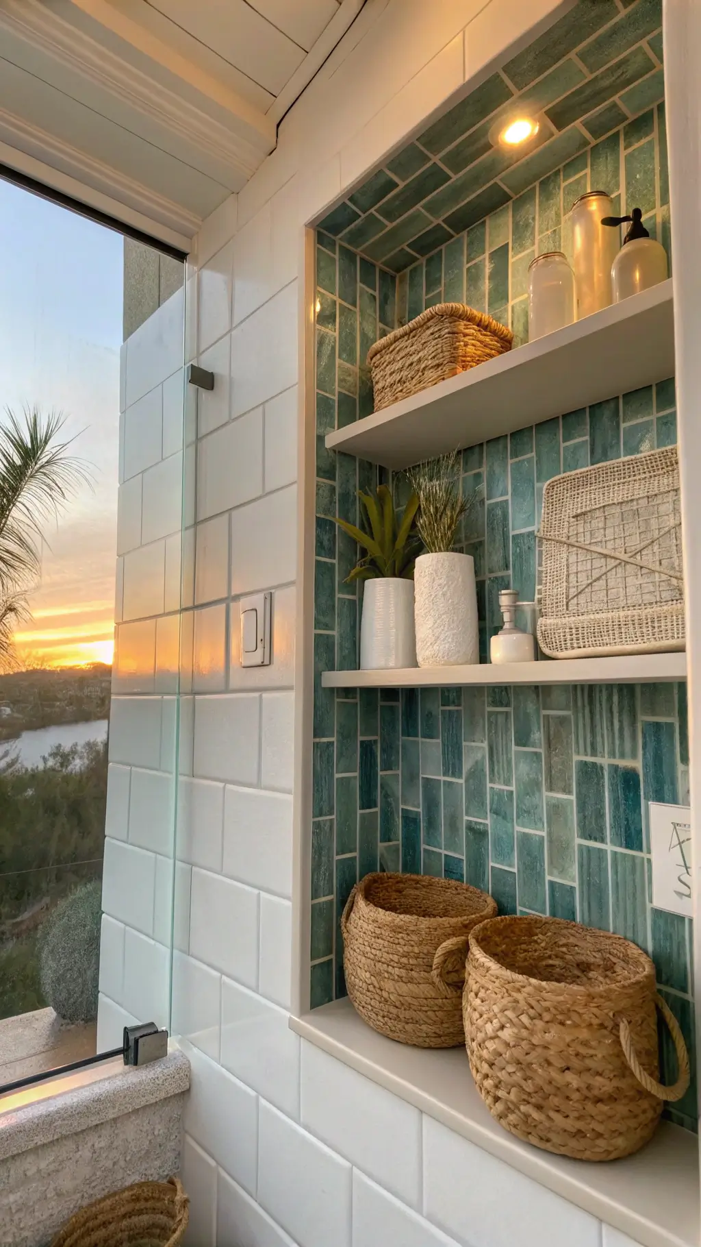 Intimate Coastal Shower Nook with Blue-Green Tiles and Rattan Baskets