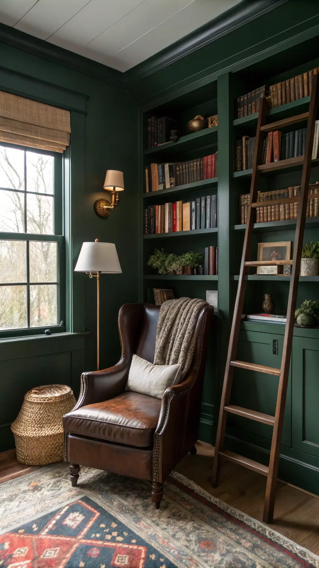 Cozy reading nook with leather wingback chair and brass lamp