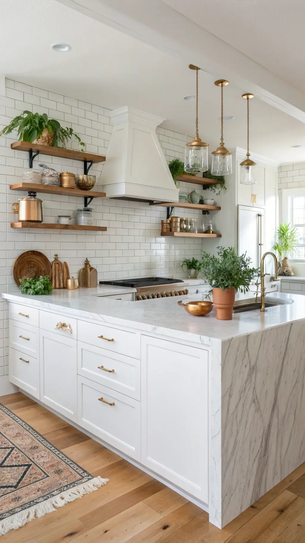 Modern kitchen with marble island and brass hardware