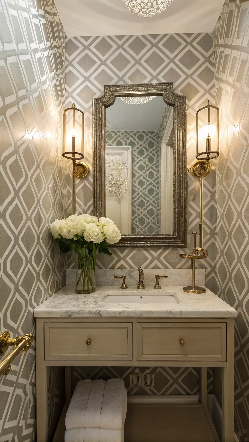 Elegant powder room with marble vanity and antique mirror