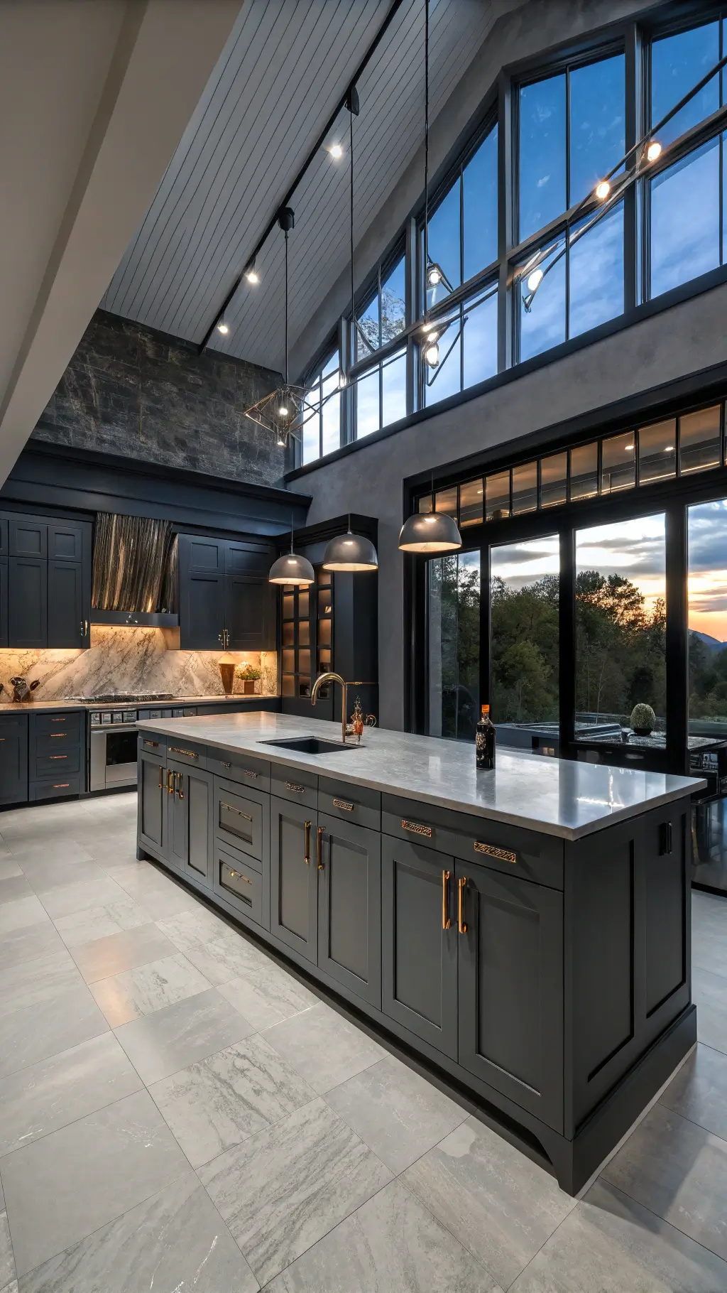 Dramatic dark gray kitchen with high ceilings, charcoal cabinets, backlit marble backsplash, black granite island, copper accents, and stainless steel appliances
