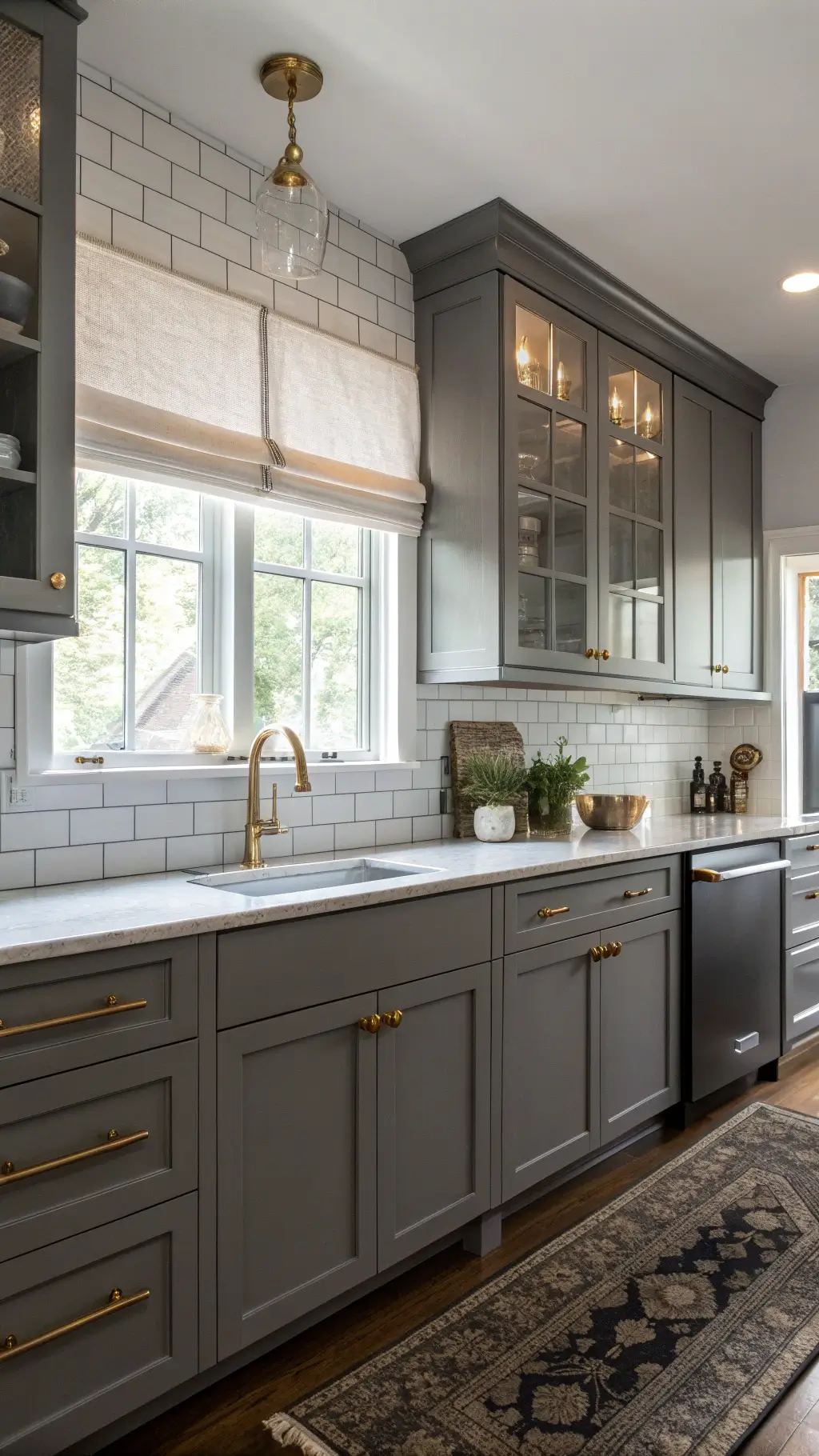 Symmetrical two-tone kitchen with cloud gray upper cabinets, deep graphite lower cabinets, white subway tile backsplash, brass hardware, vintage runner, and soft morning light