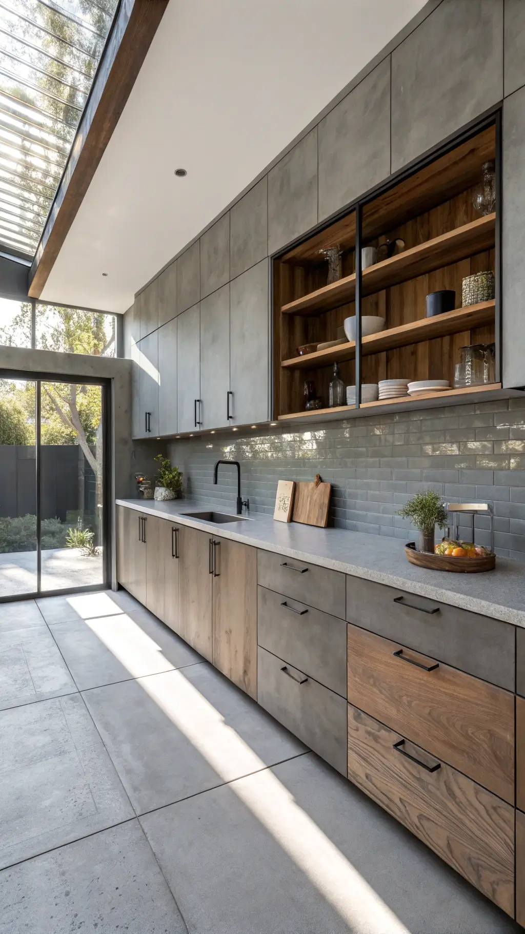 Contemporary kitchen with matte gray cabinets, glossy backsplash, reclaimed wood open shelving, and concrete countertops in afternoon light