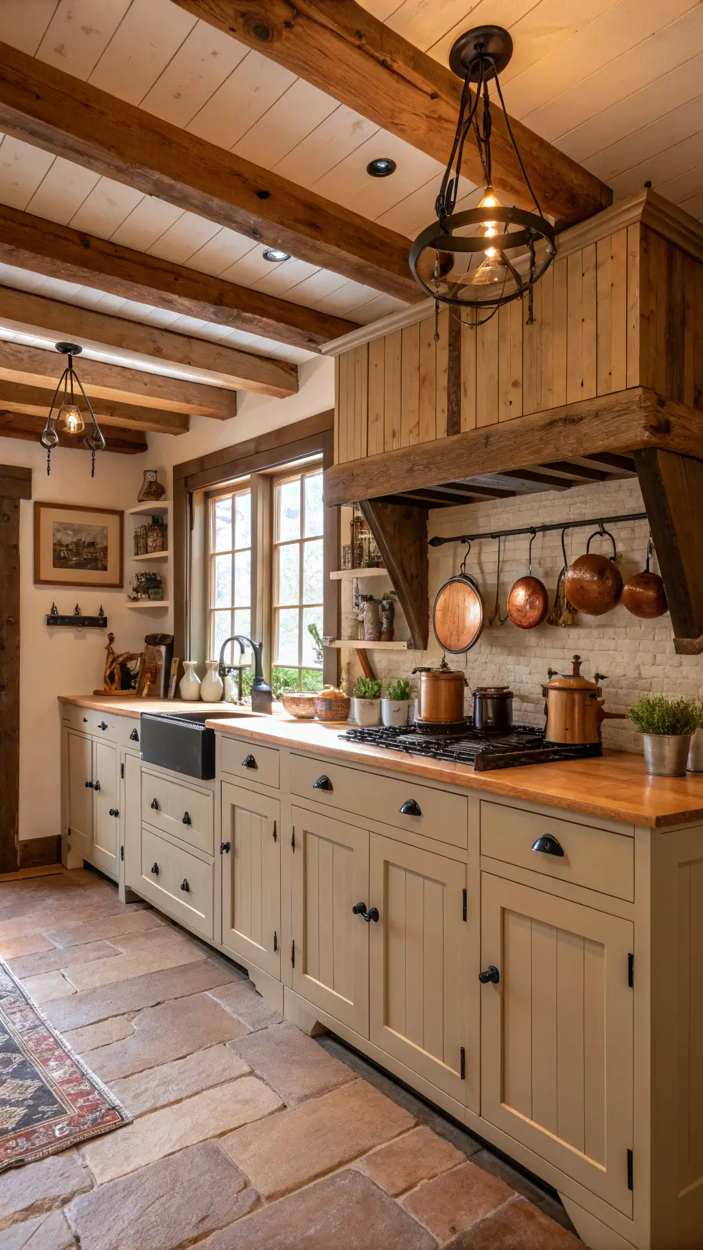 Warm rustic modern kitchen with greige cabinets, black iron hardware, wooden beams, butcher block island, and vintage copper pots bathed in soft golden light