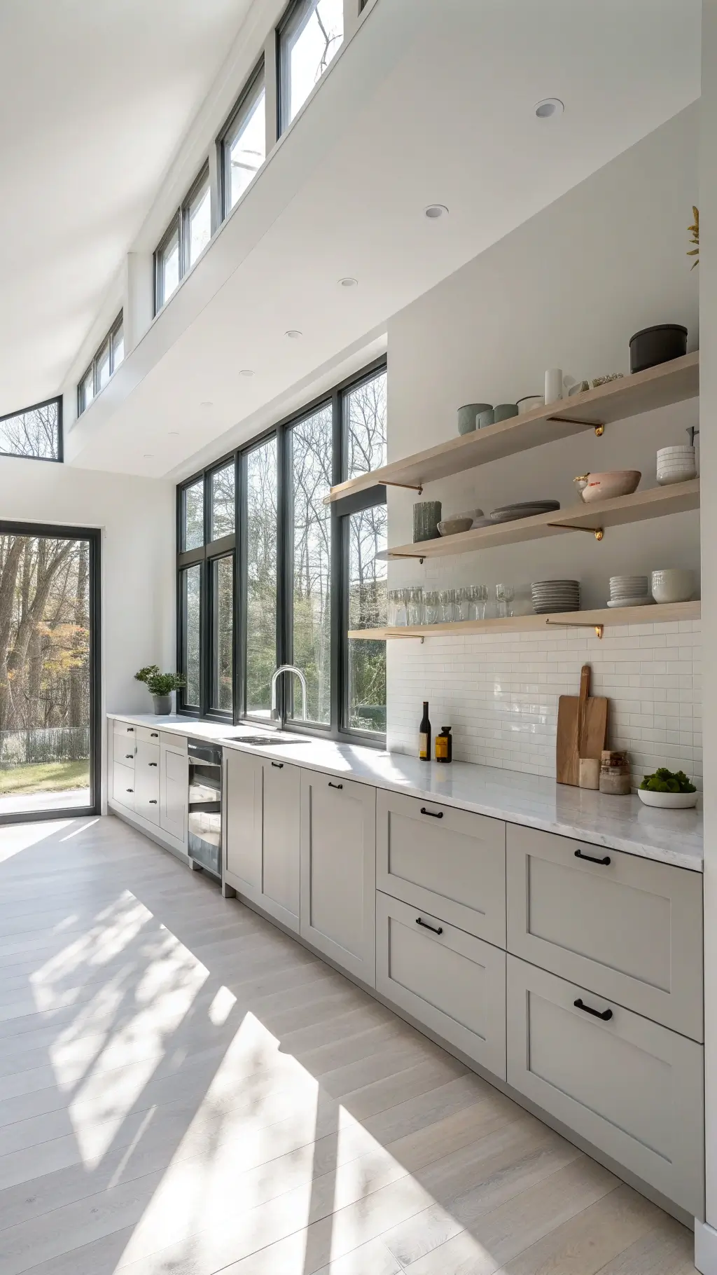 Airy minimalist kitchen with pearl gray cabinets, stark white counters, floating shelves, ceramics, and morning light casting dramatic shadows