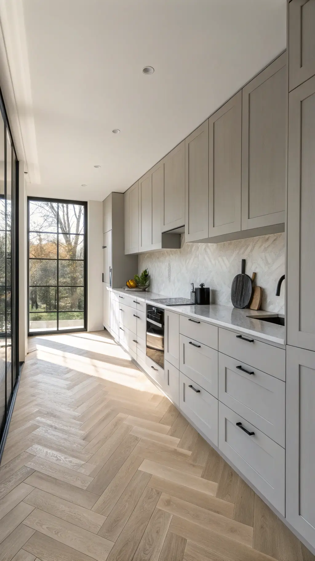 Scandinavian-inspired kitchen with pale gray cabinets, birch accents, white oak herringbone floors, and black accessories illuminated by morning light