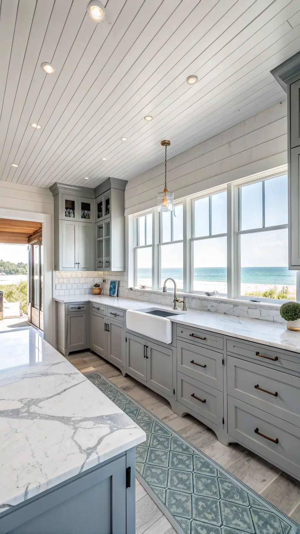 Breezy coastal kitchen with fog gray cabinets, white marble counters, blue-gray glass tile, natural light from beach-facing windows, and shiplap ceiling detail
